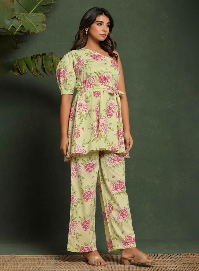 KASYA Green Printed Pure Cotton One-Shoulder Co-Ord Set - Image 2